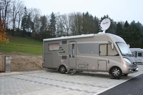 Mit unserem DuoMobil (779cm) stehen wir hier auf einem 7 Meter Platz, mit Blick ins Grüne